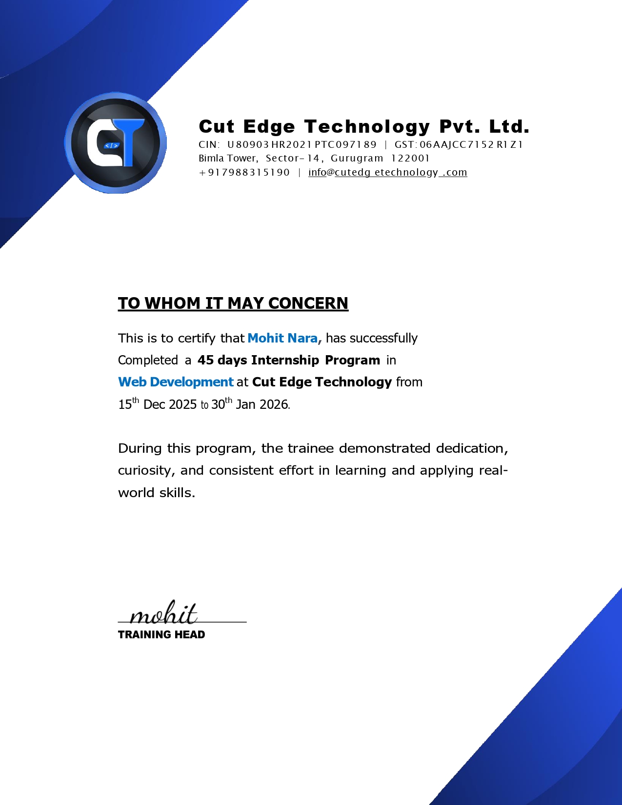 Internship Certificate